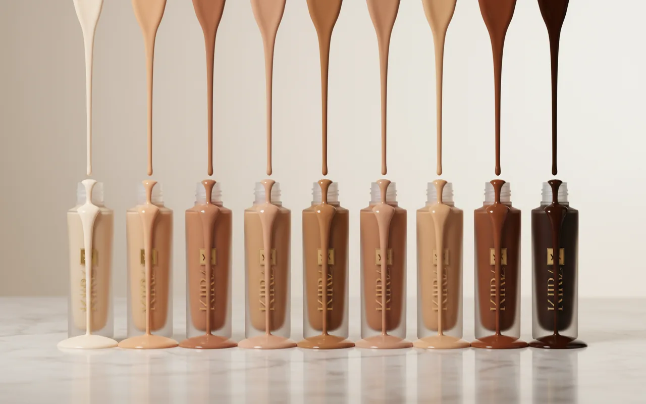 Kiraz foundation bottles in a row of skin tones