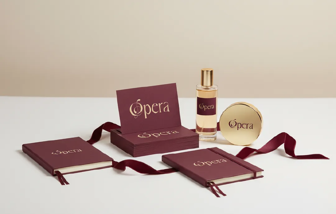 Opera stationery, perfume bottle, and gold compact
