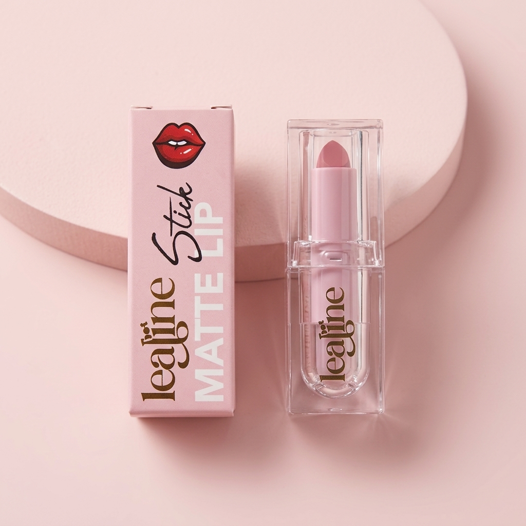 LeaLine Brats matte lipstick in a clear case beside its pink carton
